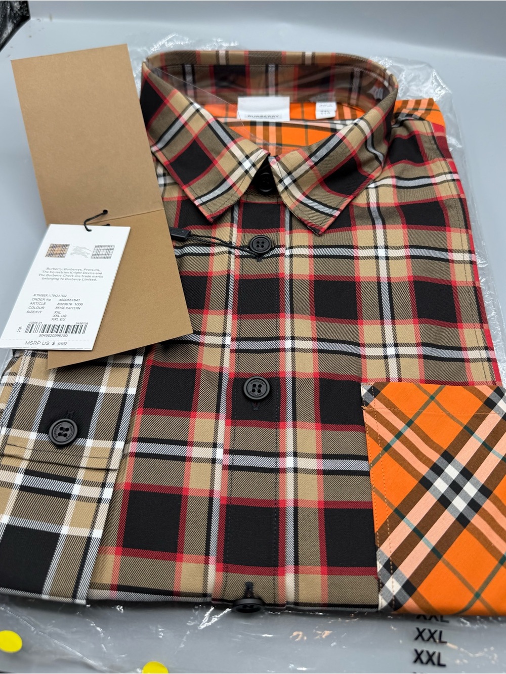 Burberry Black, Tan & Orange Plaid Button-Down Shirt